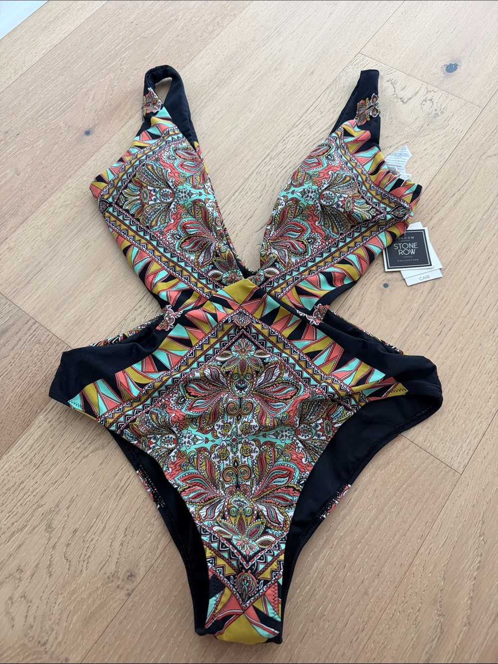 Volcom One-Piece Swimsuit — Black with Multicolor Paisley Print